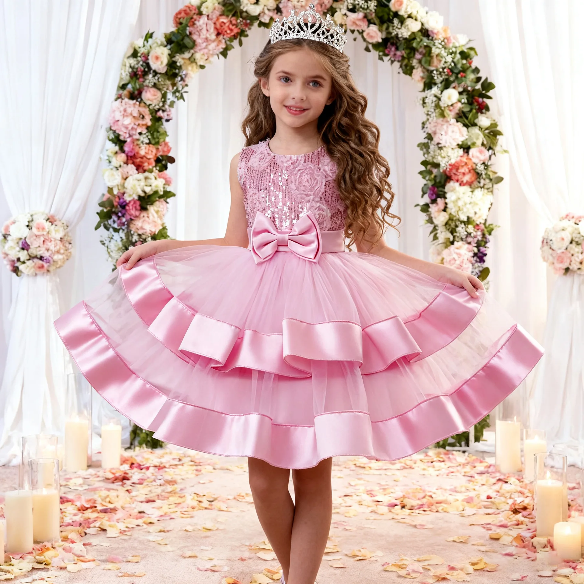 

Elegant Girls Flower Sequins Bow Tulle Princess Dress For Children Bridesmaid Wedding Birthday Party Pageant Festive Puffy Gown