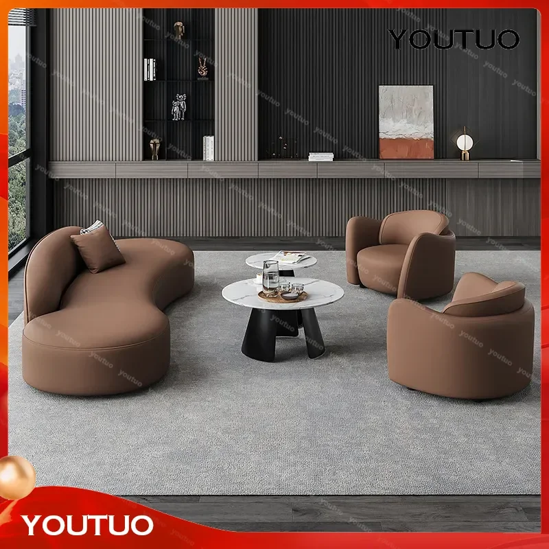  Italian Light Luxury Brown Leather Curved Sofa Group Hotel Lobby Sales Office Reception Leisure Sofa Combination