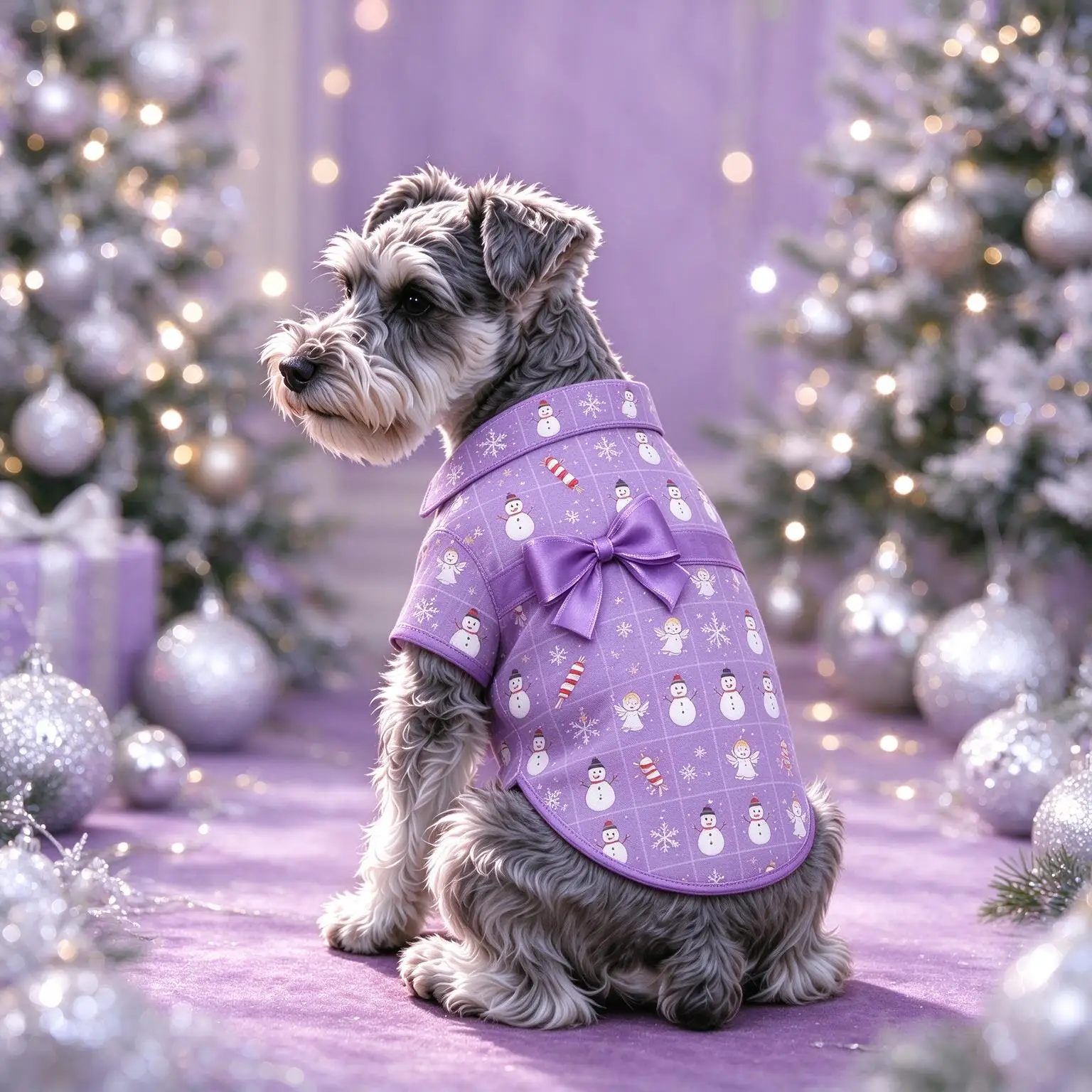 Cat & Dog Christmas Lapel Shirt, Grid Xmas Elements All Over Print Short Sleeve Shirt with Satin Bow, Festive Pet Outfit