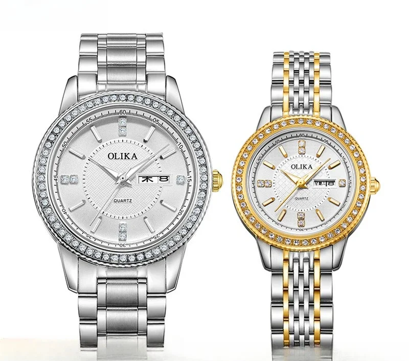 

Лидер продаж, новые часы, мужские модные водонепроницаемые кварцевые часы из нержавеющей стали, инкрустированные бриллиантами, женские повседневные часы для пар