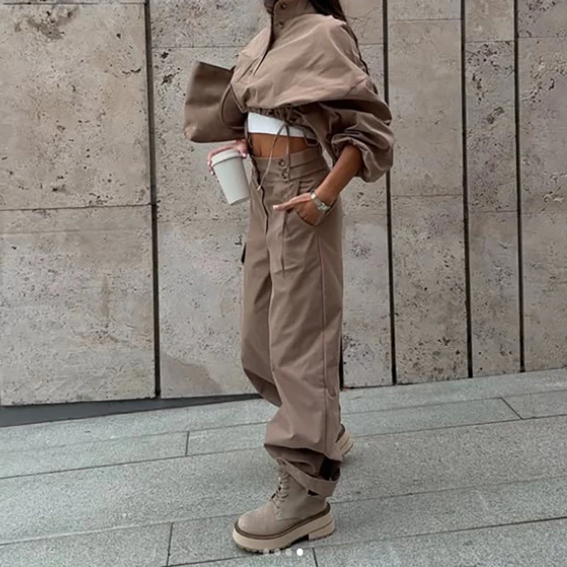Women 2 Piece Cargo Outfit New Drawstring Long Sleeve Crop Top High Waist Wide Leg Pants Suit Solid Casual Streetwear Daily Sets