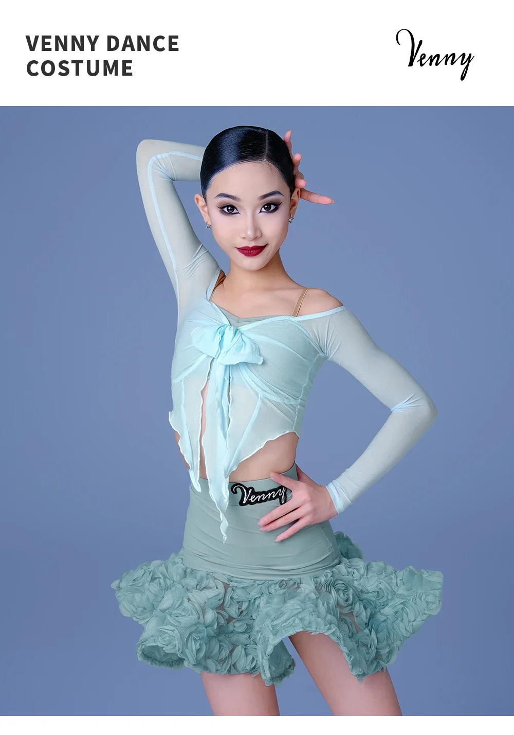 Sukienka do tańca latynoamerykańskiego Vennystyle dla dziewczynek, jesienno-zimowa, z dekoltem typu halter, długim rękawem, kokardą, bluzą i spódniczką z falbankami.