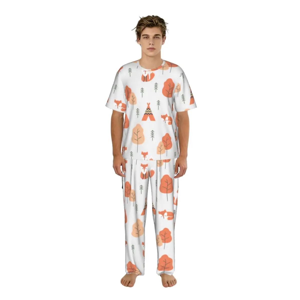 

Мужской комплект пижамы: летние топы с коротким рукавом + длинные брюки, домашняя одежда, костюм для сна с рисунком красной лисы и лесного пейзажа