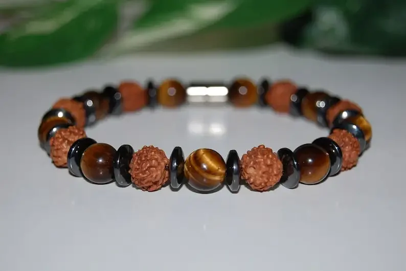 Tiger Eye Bracelet, Mala Buddhist Bracelet, Rudraksha Bracelet, Tiger Eye Stone and Rudraksha Wood Beads, Men, women, magnetic