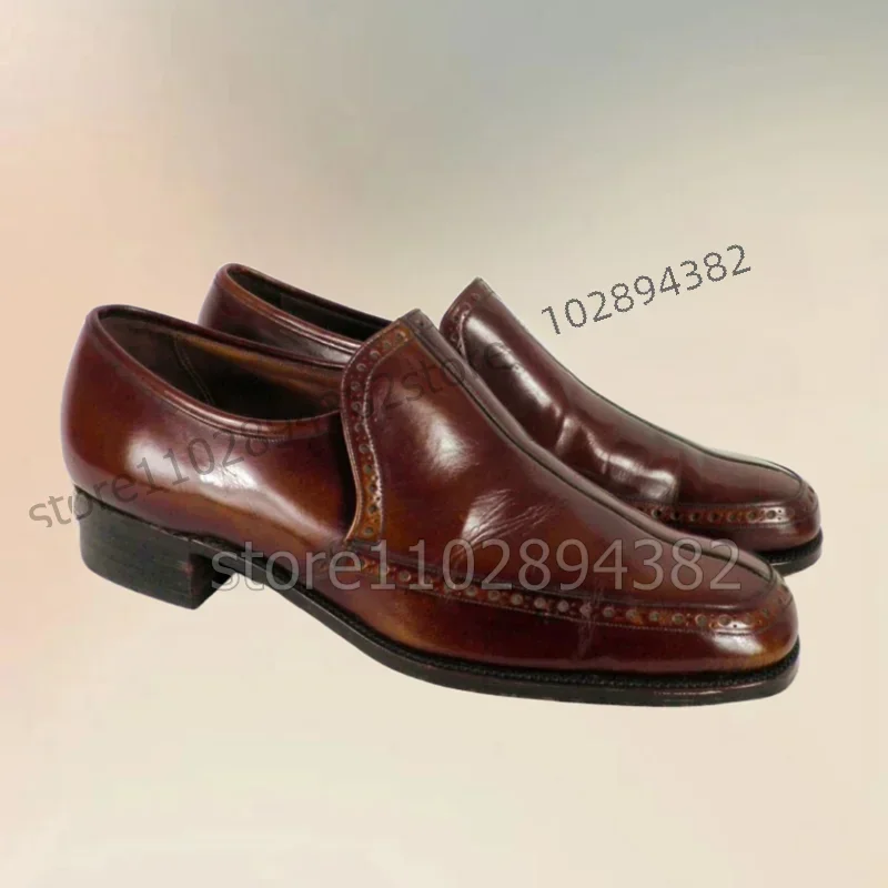 

Brown Carving Design Square Toe Retro Style Men Shoes Fashion Slip On Male Shoes Luxury Handmade Party Banquet Men Casual Shoes