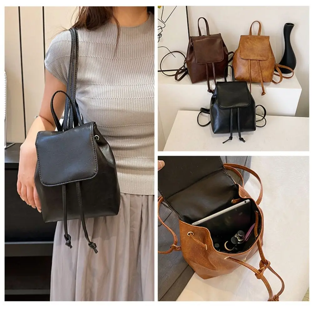 Simple PU PU Backpack Small Pack Brown Solid Color Shoulder Bag Solid Color Korean Style Retro Backpack Outdoor