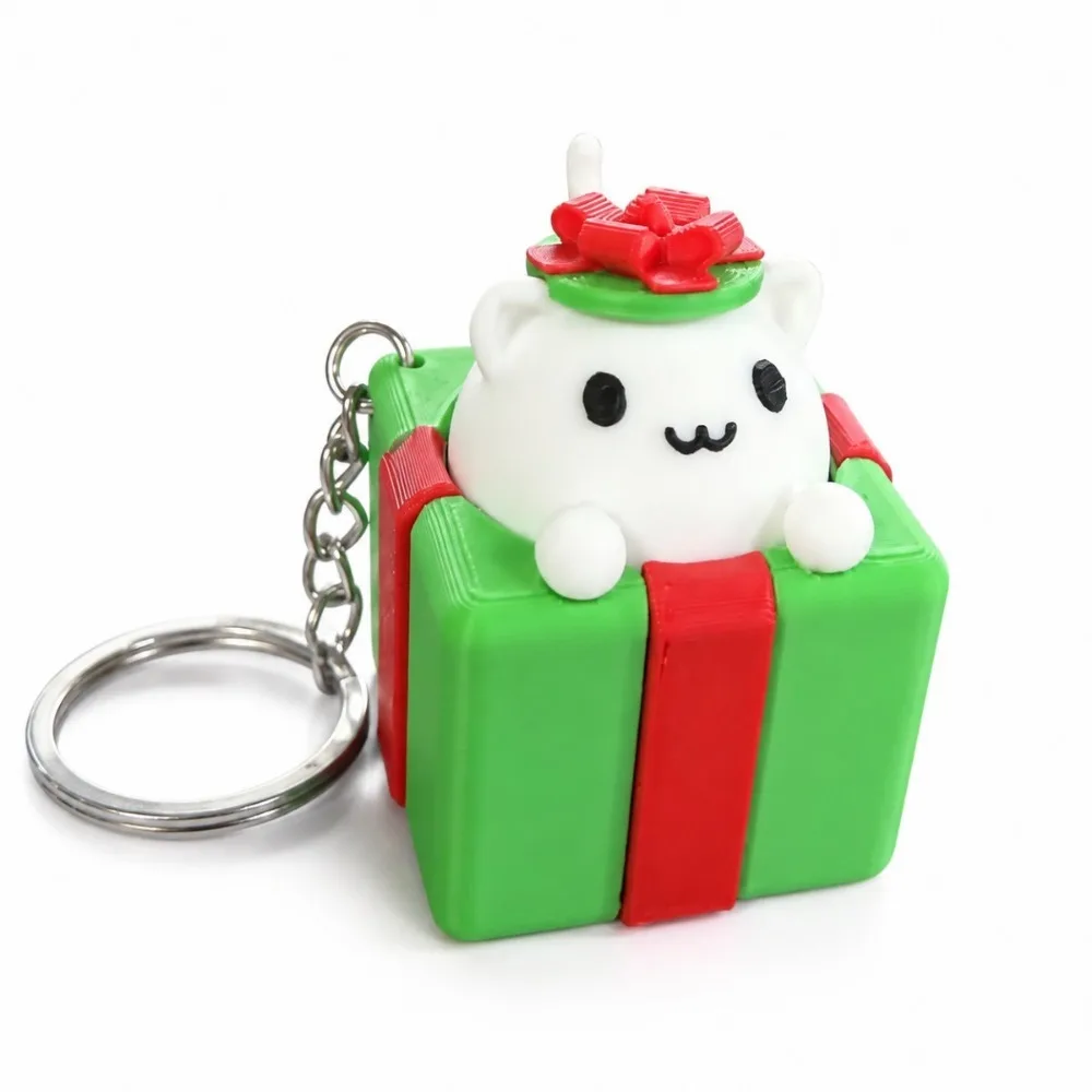 3D Printed Christmas Clicker Keychain Cute Cat Button Press Key Ring Gift Box Shape Kawaii Style Fidget Bag Cat Keychain