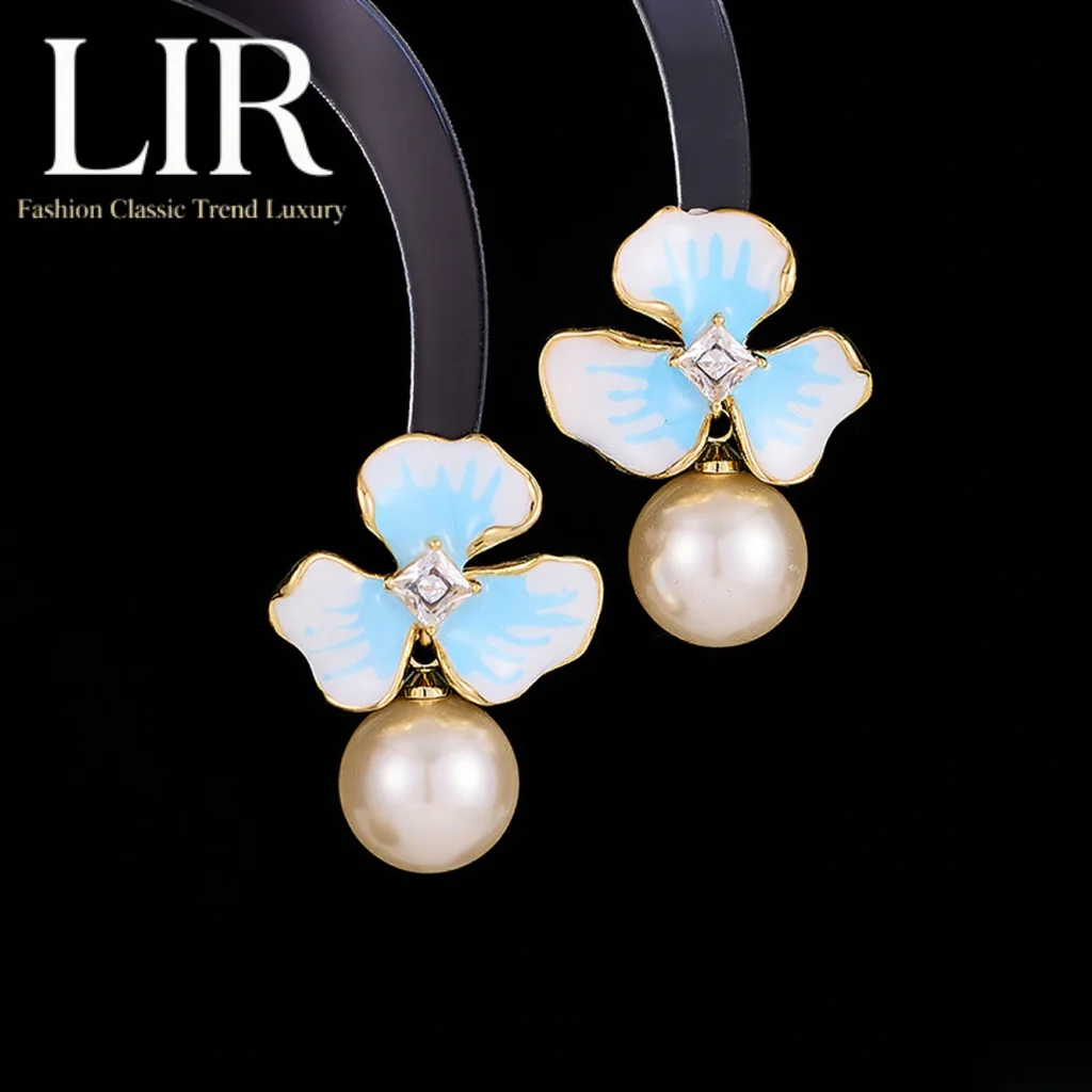 lir-fresh-sweet-flower-earrings-pearl-inlay-oil-drop-design-pink-yellow-blue-fairy-like-dainty-jewelry