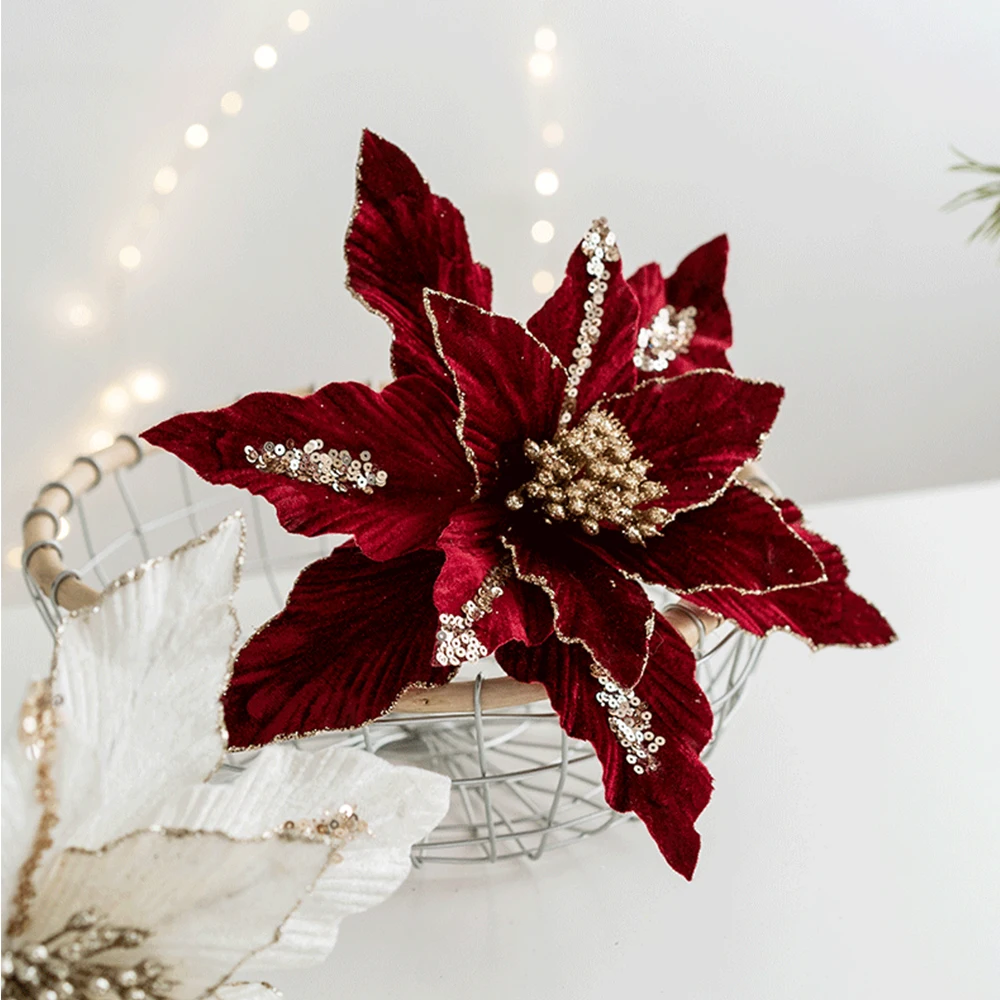 High Quality Artificial Christmas Flower 26cm Velvet Cloth With Glitter Powder Fake Large Flower Head Xmas New Year Home Decors