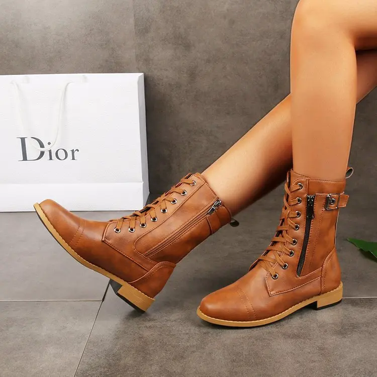 

Women's Square Heels Ankle Booties Autumn Winter PU Leather Short Work Boots Woman Plus Size Lace Up Shoes Zapatos De Mujer