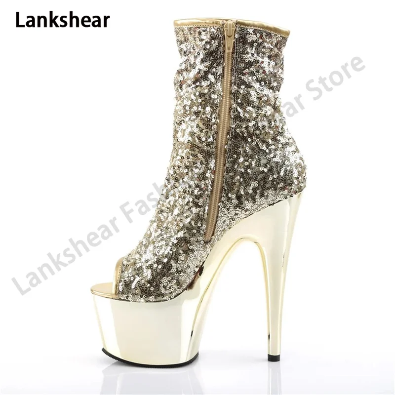 Glitter Particle Gold Low Tube Elastic Fashion Boots Summer New Fish Mouth Short Boots Women Fashion Plus-Size Long Boots