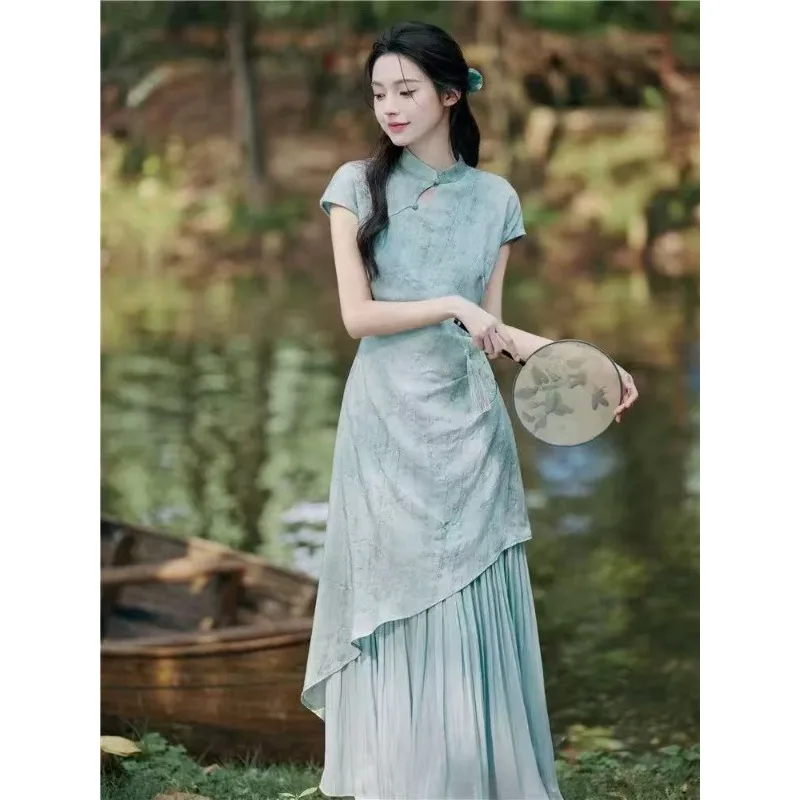 

Traditional Chinese Style Irregularly Modified Cheongsam Waist-cinching Slimming Zen-inspired Tea Dress Design Sense Girl Dress