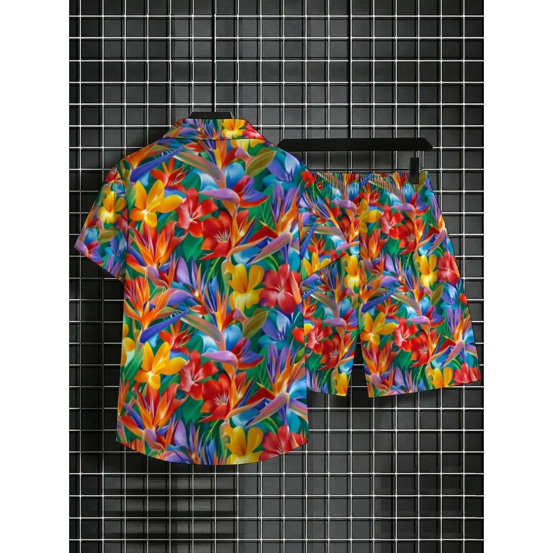 Men's Printed Short Sleeve Shirt & Long Pants Set Lightweight Polyester Summer Vacation Casual Comfortable Durable Beach Outdoor view 4