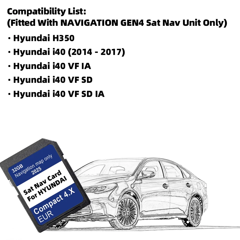 لشركة هيونداي H350/i40/i40 VF IA/i40 VF SD/i40 VF SD IA سيارة GEN4 الملاحة GPS بطاقة SD المدمجة 4.X نظام 2025 خرائط أوروبا 32 جيجابايت