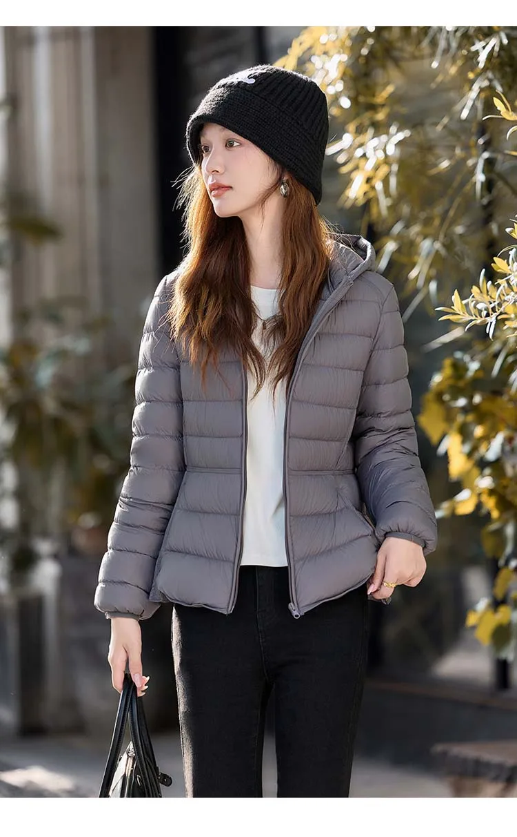Women's Short Lightweight Hooded Down Jacket 2026 Autumn Winter High qulaity Waist-Cinched puffer coat Warm Solid color DJ729
