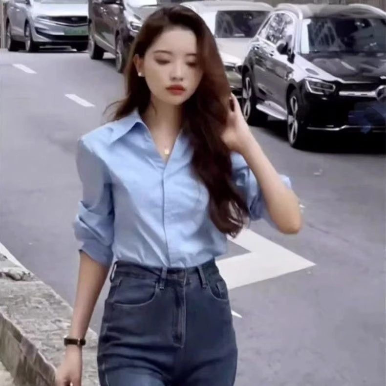 Womens Korean Elegant Polo Lapel Long Sleeve Blouse Autumn New Minimalist Professional Black Work Top