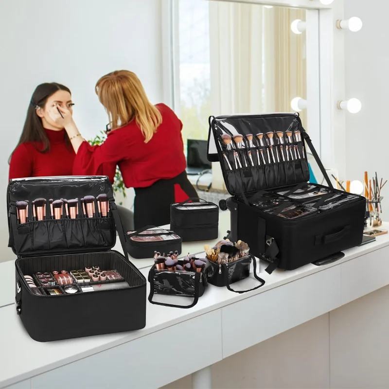 حقيبة فنان مكياج احترافية 4 في 1 حقيبة مستحضرات تجميل دوارة منظم حقيبة سفر كبيرة جدًا مع