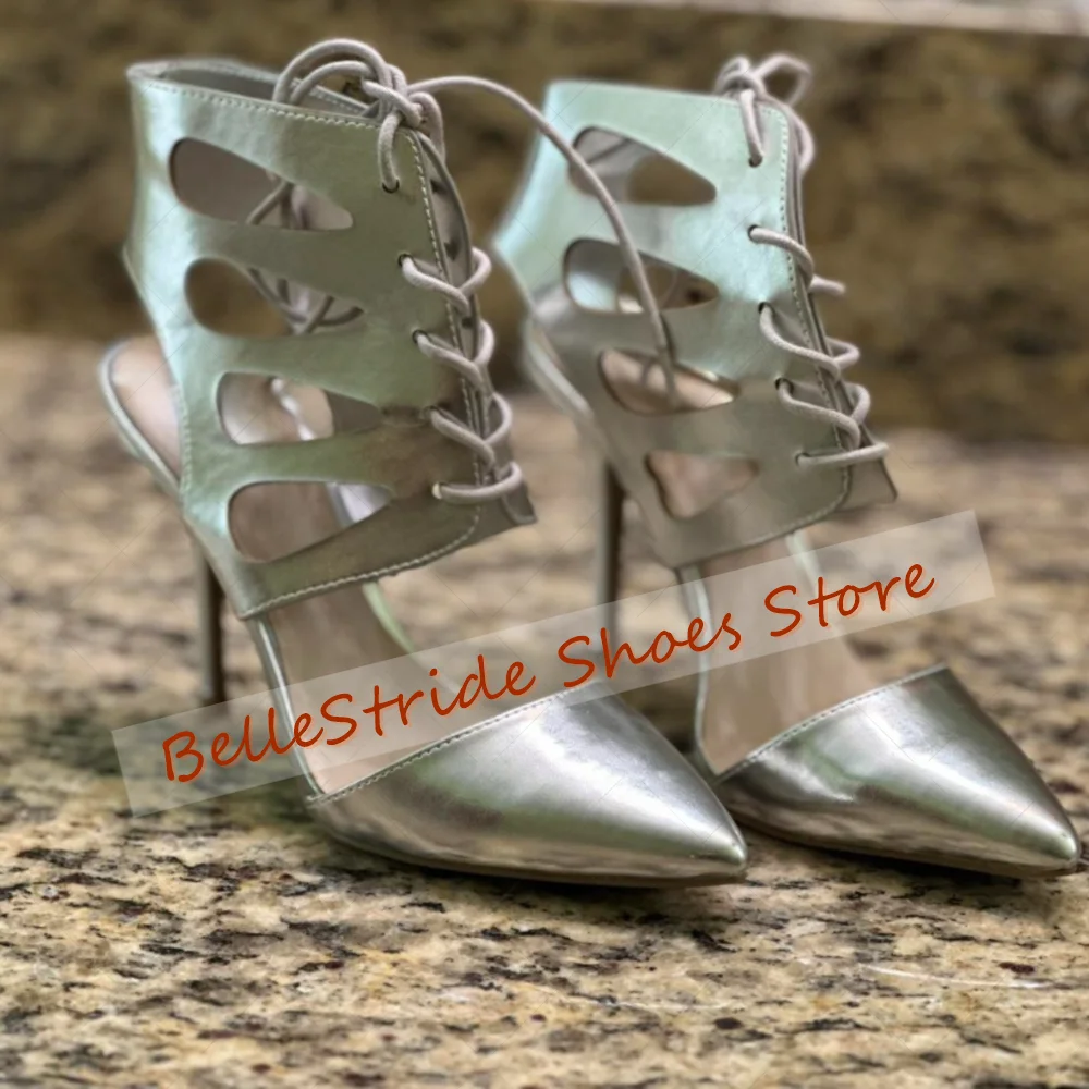

Silver Hollow Out Pointed Toe Sandals Lace up Women Shoes Stilettos High Heels Party Banquet Dating 2025 Zapatos Para Mujere