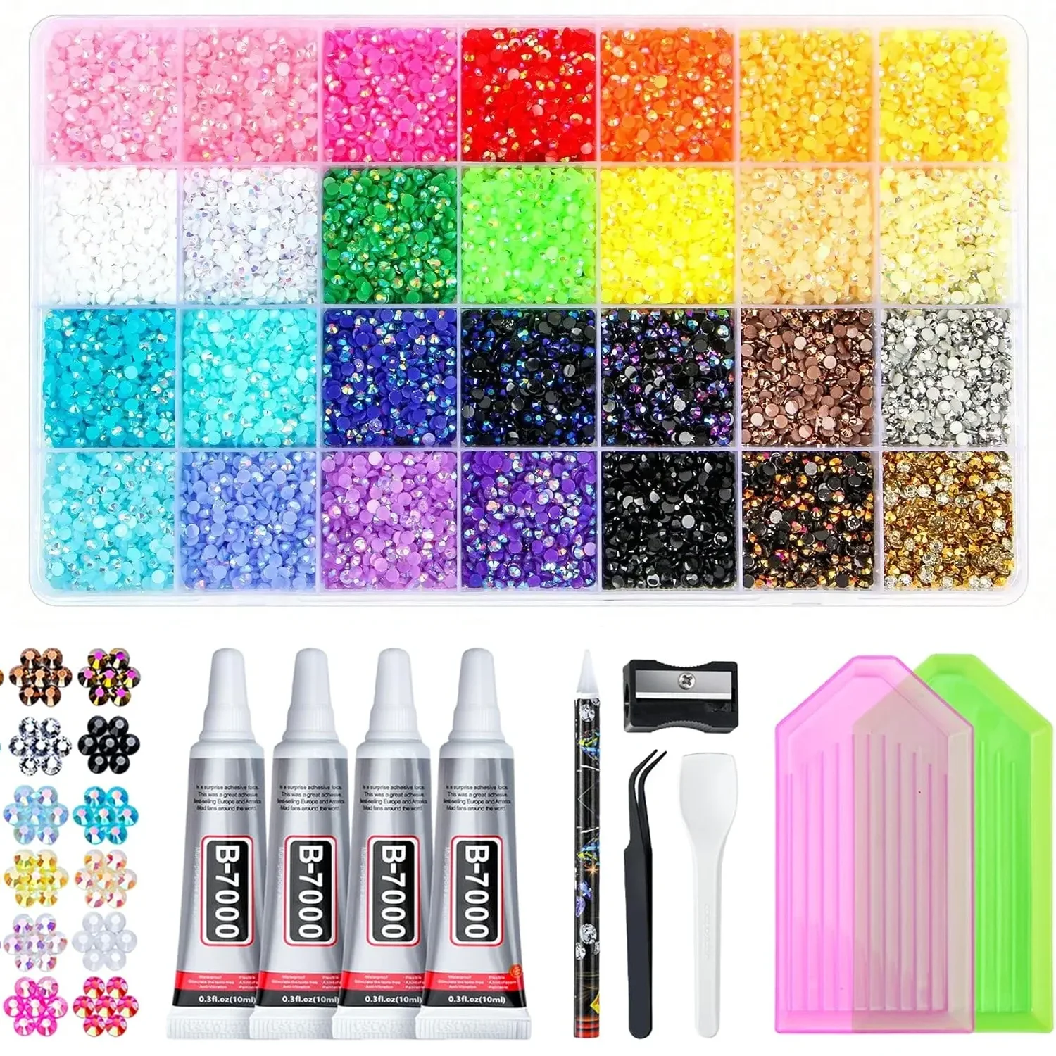28 Grid Resin Jelly Rhinestones 11pcs Kit, Multicolor Flatback Rhinestones,All-in-One Bedazzling Kit for DIY Arts & Crafts Gifts