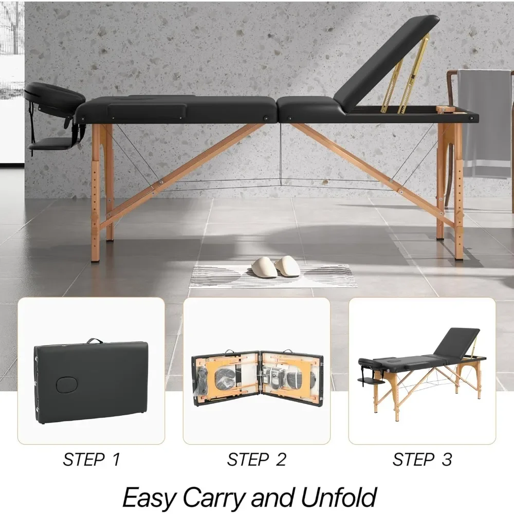 Massage Table Massage Bed, Portable 3 Section Foldable Tattoo Bed, Height Adjustable Lash Spa Bed with Face Cradle