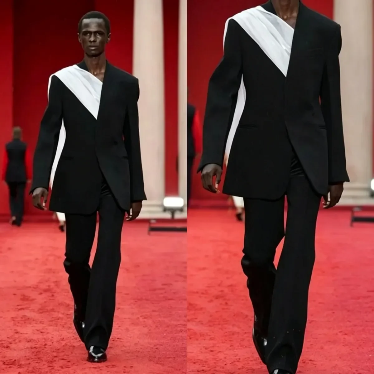 Fashion Wedding Tuxedos Ribbon 2 Piece Set Jacket Pants Men Suit Slim Fit Single Breasted Groom Evening Blazers Customized