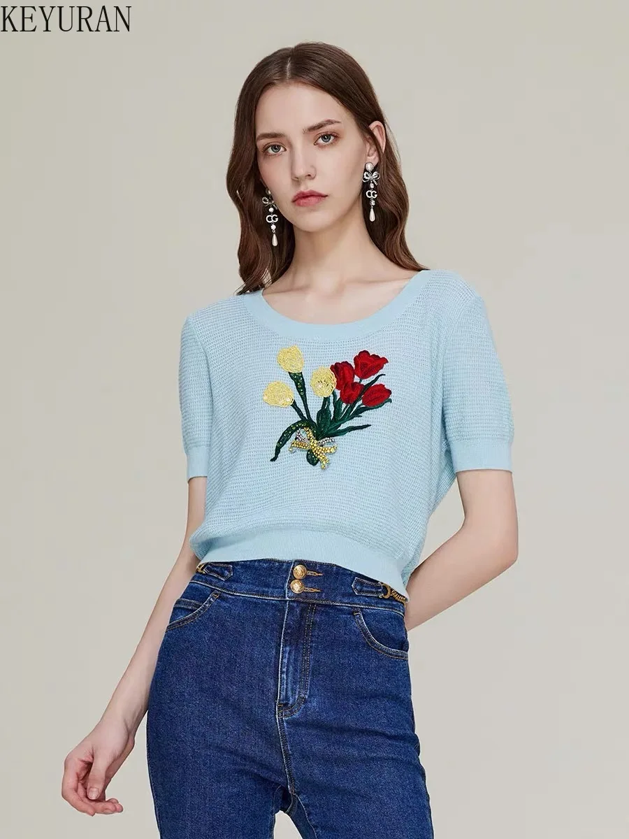 2024 Summer Flower Embroidery Sequin Short Sleeve Sweate Women Knit T-shirt Vintage Fashin O-Neck Knitwear Crop Top Female Tees