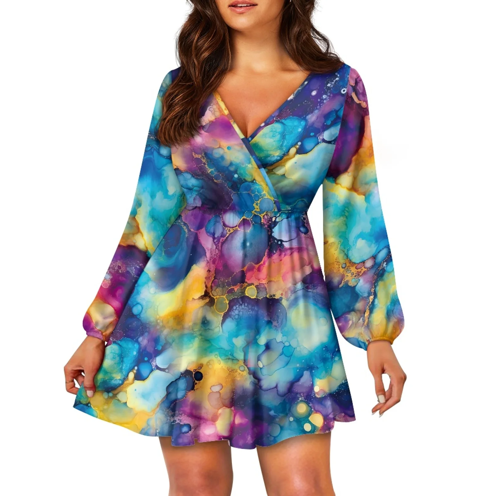 

Новые женские платья с принтом в стиле Tie-Dye, модное приталенное платье с V-образным вырезом и длинным рукавом, для весны и лета