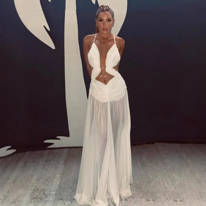 

Metal Buckle Ruched Mesh Maxi Dress Women Sexy Hollow Out V-neck Spaghetti Straps Backless Club Party Long Robe Vacation Vestido