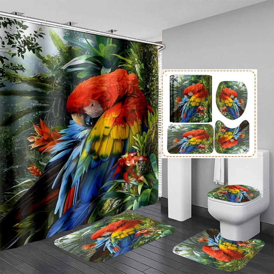 phechion Animal Parrot 3D Print Waterproof Bathroom Shower Curtain Toilet Cover Mat Non-Slip Floor Mat (1/3/4Pcs) W30