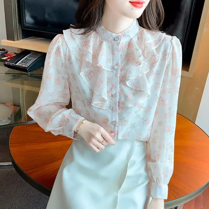 High End French Style Top Women's New Style Shirt Women's Small Shirt Western-style Chiffon Long Sleeved Shirt