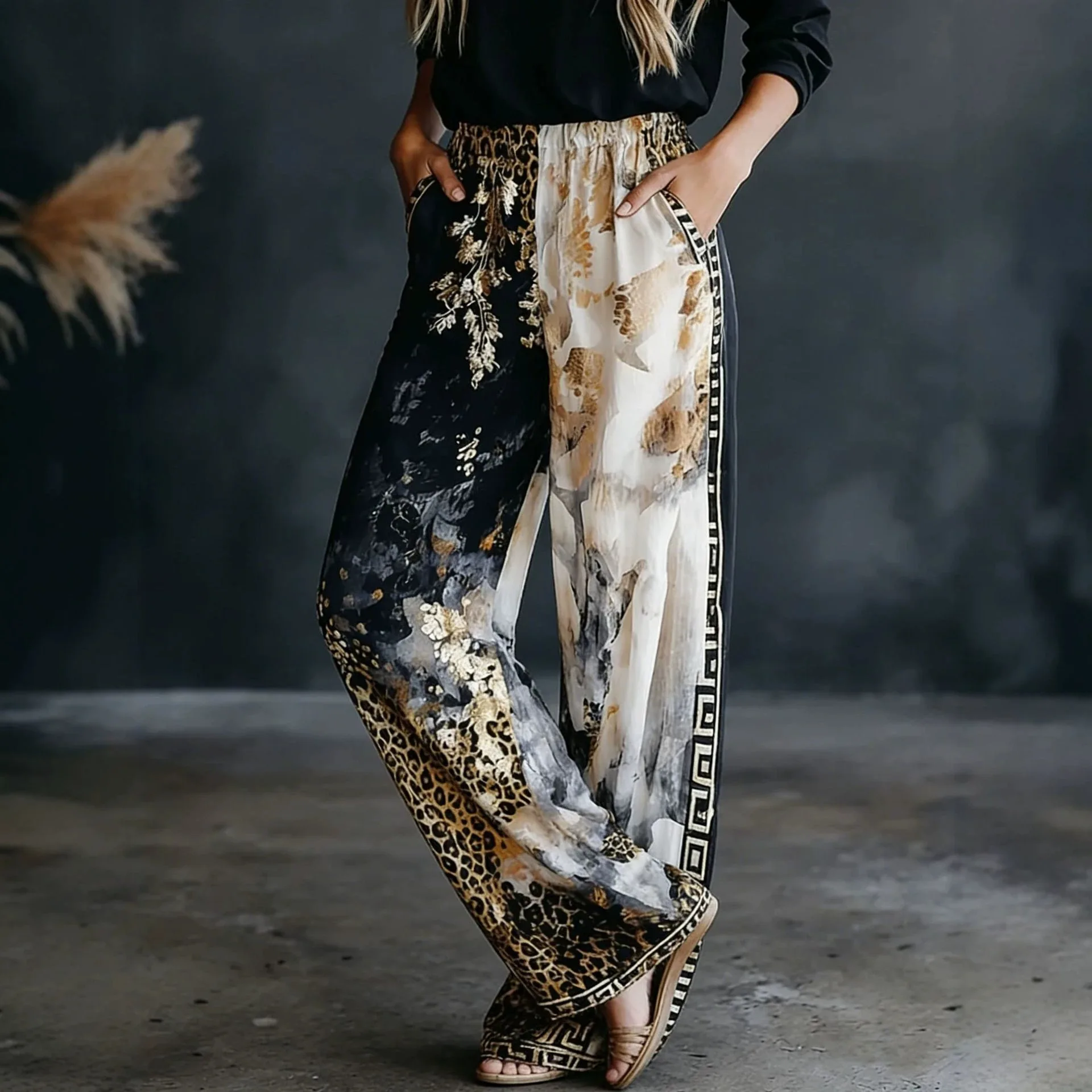 Kadın Renk Bloklu Leopar Desen - Palazzo Pant Wide incelemesi ve fiyatı