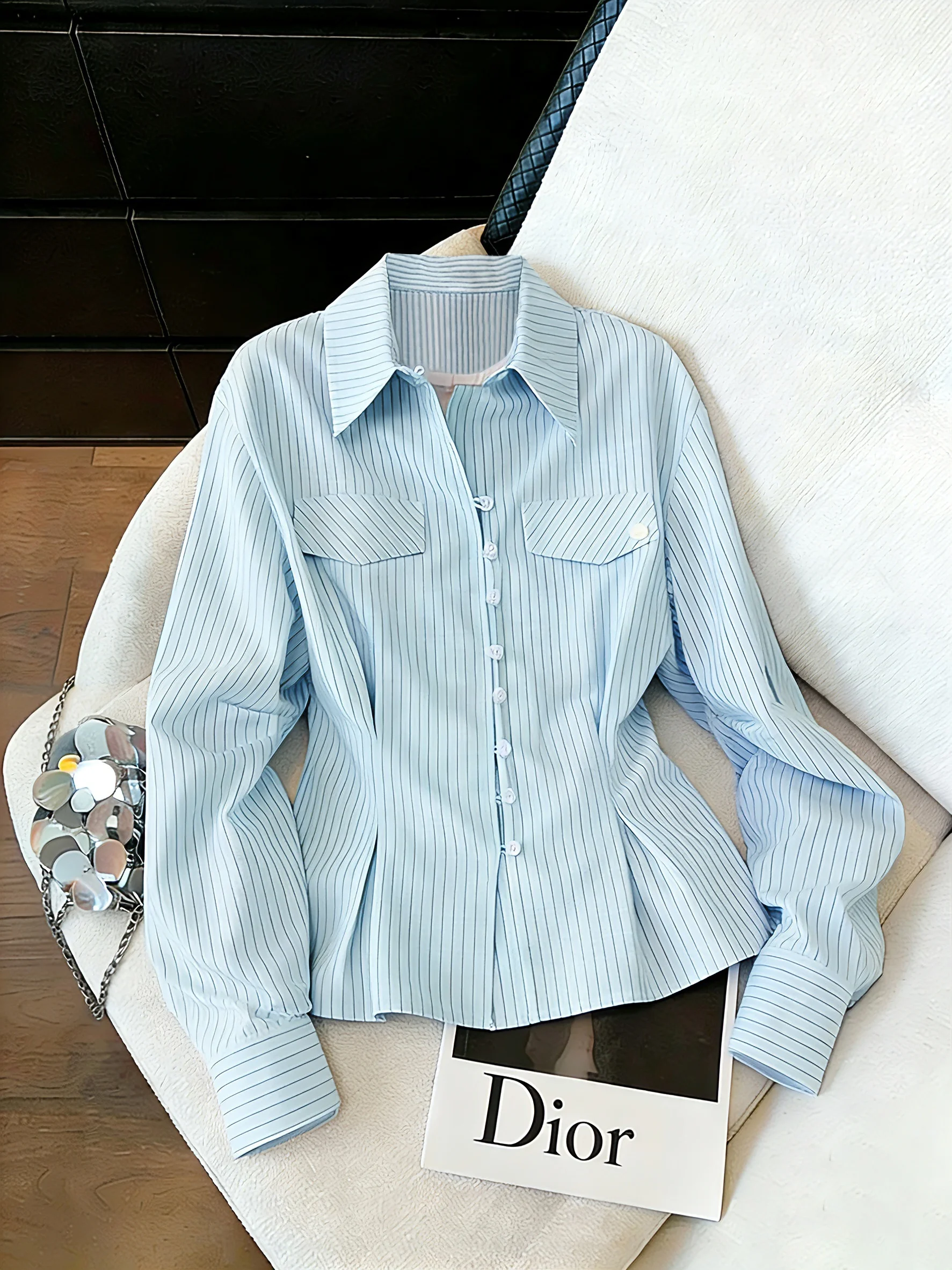 

Синяя полосатая рубашка с откидным воротником, модная, в корейском стиле, повседневная, свободного кроя, с длинными рукавами, женская и мужская летняя рубашка