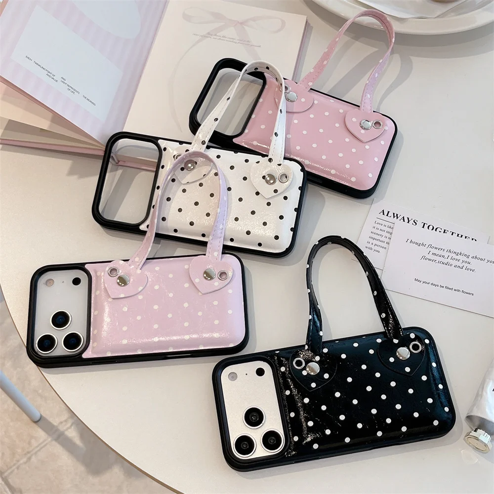 Korean INS Polka Dot Leather Handbag Phone case for iPhone 13 14 15 16 17 16 Pro 17 Pro 15 ProMax Cover Fashion Shockproof Cover