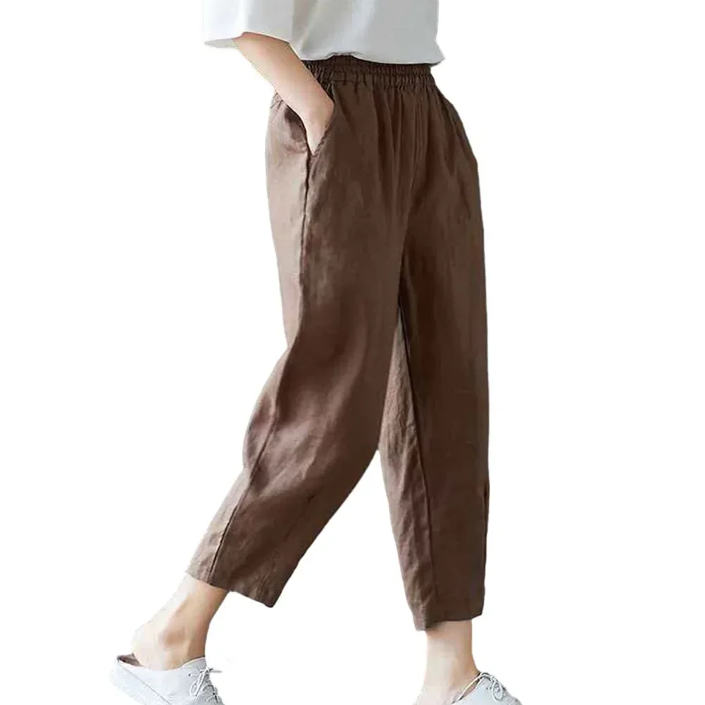 سراويل نسائية فضفاضة مرنة الخصر من الكتان القطني ، مريحة وأنيقة ، أ