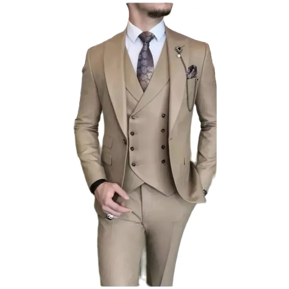 New Business Khaki Formal Men\'s Slim Fit Suits 3 Pieces Wedding Groom Prom Terno Masculino Custom Blazer Jacket Vest Pant Sets