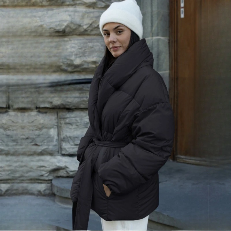 Quilted Padded Coat Winter Warm Thick Belted Short Cotton Women's  Jacket Casual Loose Basic Cozy Soft Female Outerwear Coats
