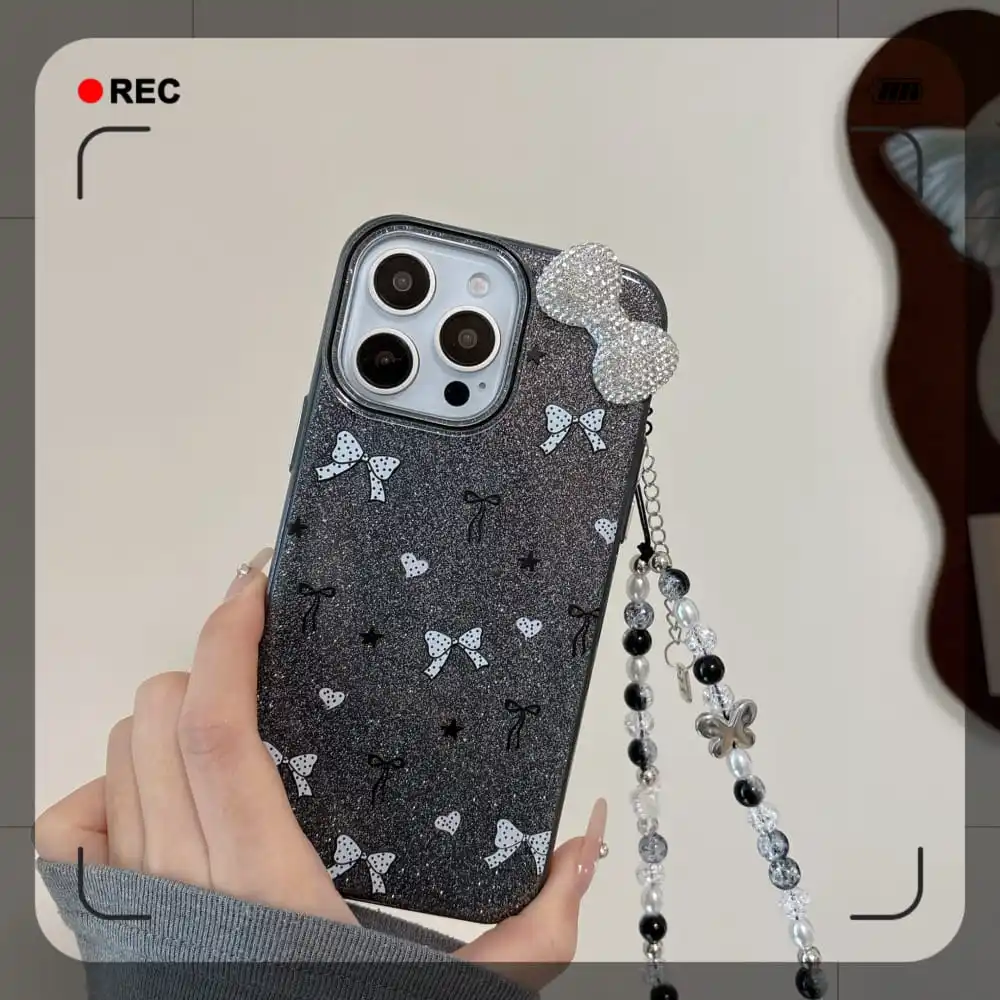 

Корейский модный чехол для телефона Ins с бриллиантовым бантом для Iphone 14, 15, 16 Pro Max, защитный чехол от падения с прекрасным ремешком