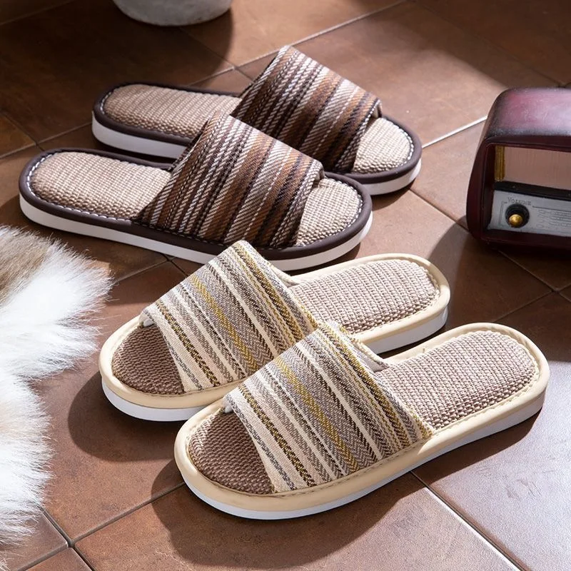 Summer linen slippers men's and women's indoor sweat-absorbing beach couple home silent cool lightweight stripes