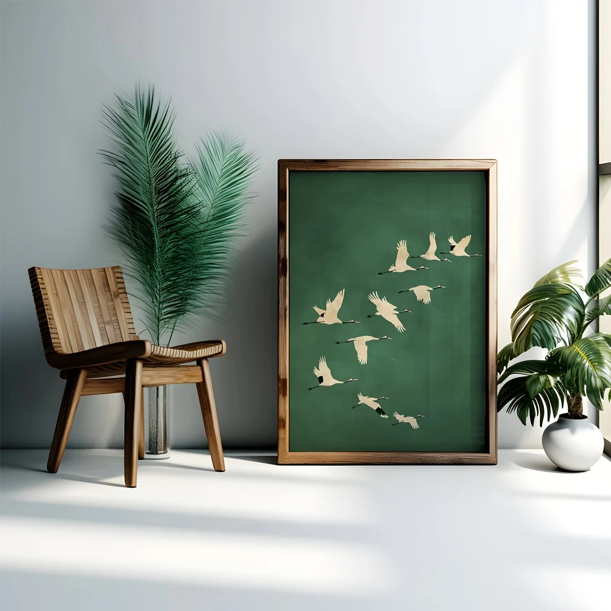 2D Flat, Jade Crane Wall Art Print, Featuring Golden Accents in a Japanese Poster Style, Minimalist Jade Green Decor Suitable fo