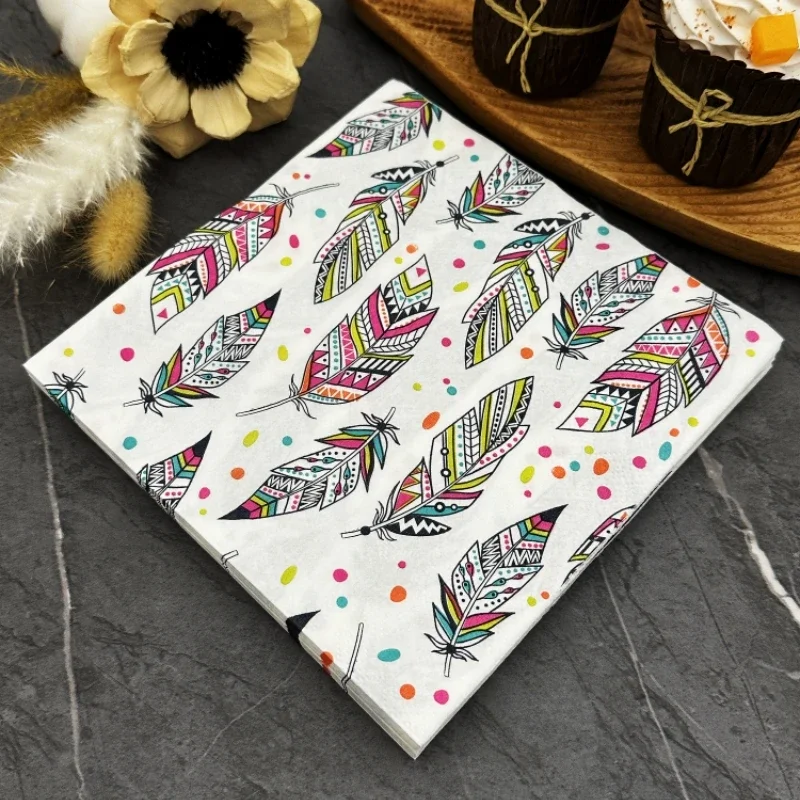 20 قطعة 33 سنتيمتر 2 طبقة جديد النمط الهندي ريشة المناديل الملونة ريشة كؤوس مشروبات زهرة ورقة الديكور DIY Decoupage ورقة