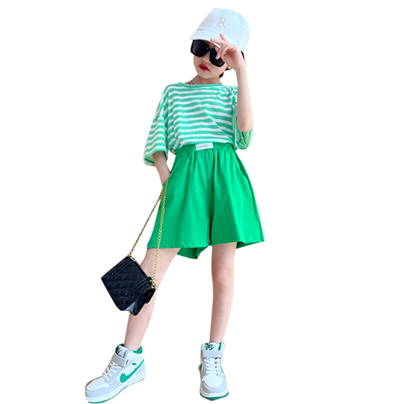 Summer Girls Clothing Sets 2pcs Tracksuit Children Cotton Suit kids Striped Outfits 10-12T Tees+Shorts Girls Clothes Casual Sets