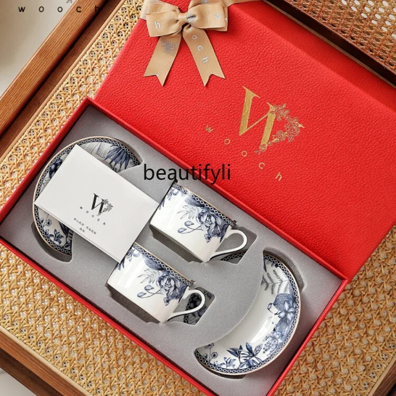 Cup and saucer gift box, high-end blue and white porcelain coffee cup housewarming wedding souvenir Mid-Autumn Festival