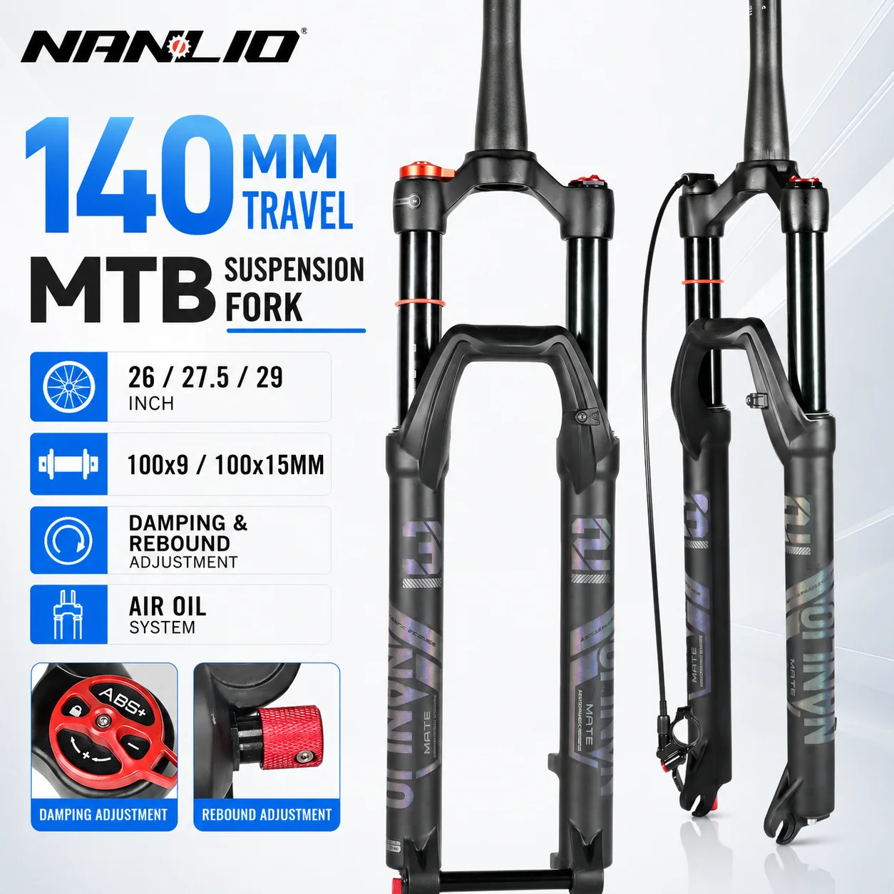 

Nanlio MTB Air Suspension Fork 26 27.5 29 Inch 140mm Travel Damping Rebound Adjust Lightweight Bike Front Fork