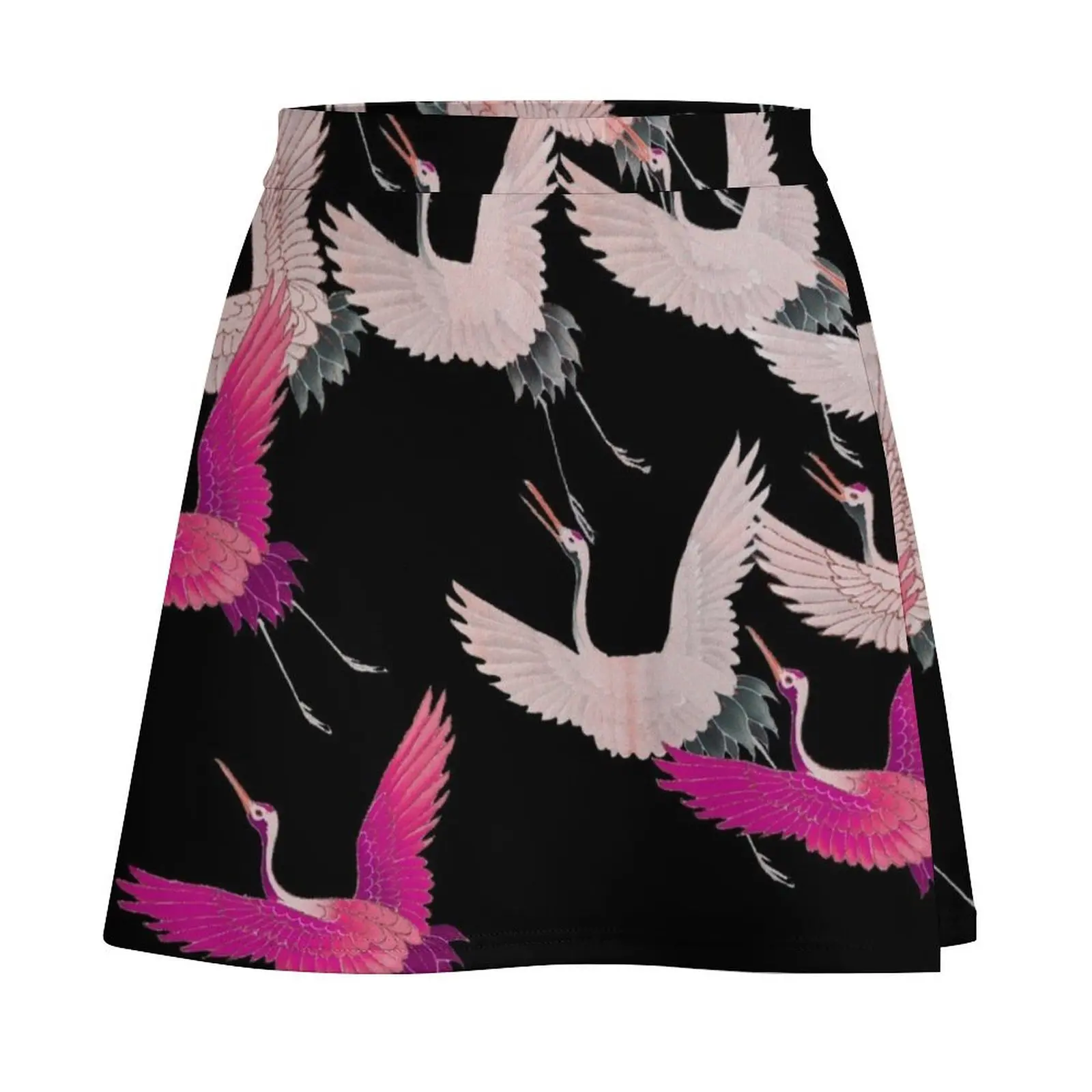FLYING PINK WHITE CRANES IN BLACK Japanese Pattern Mini Skirt skirt for women Clothing female girls skirt Mini