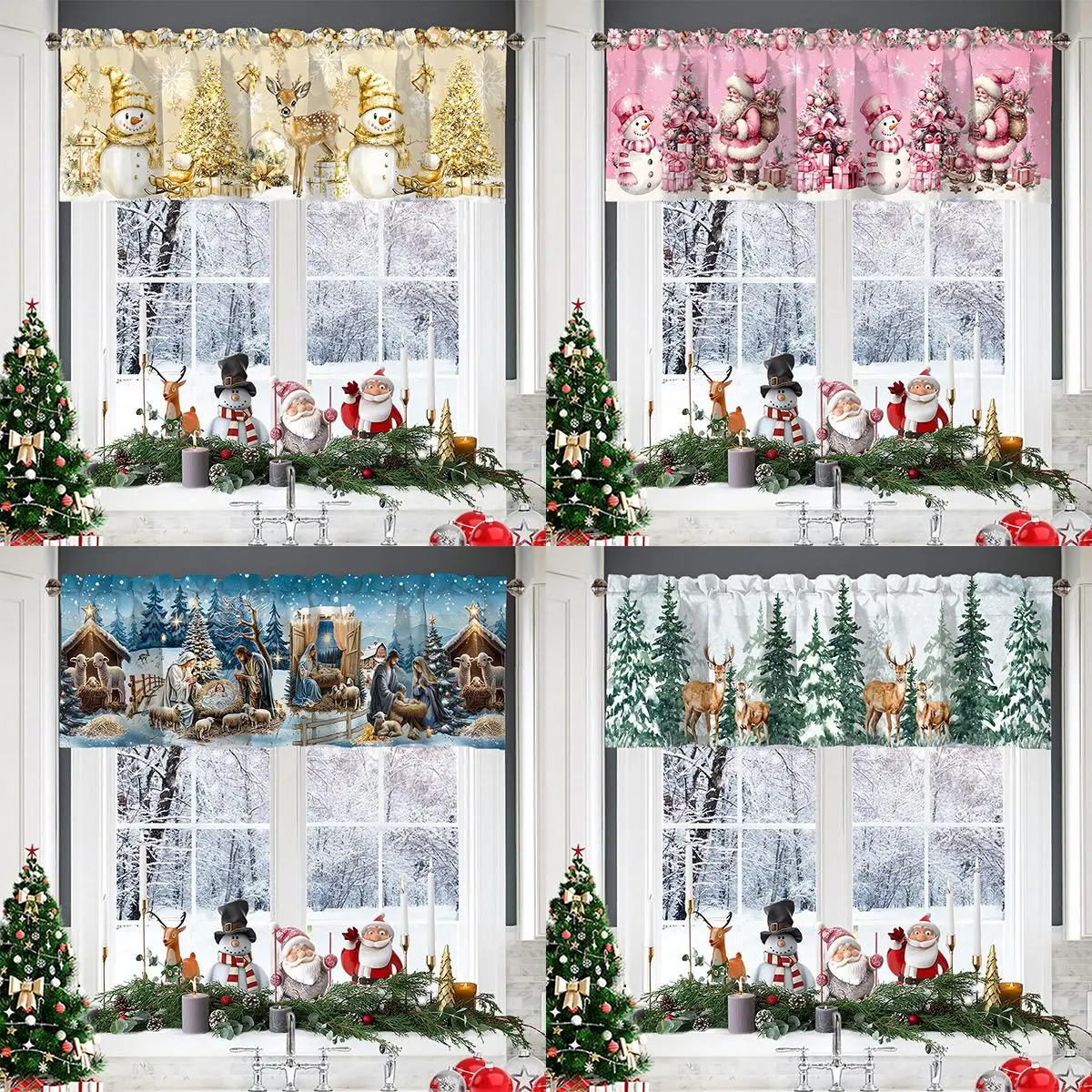 Weihnachtsvorhang Volant Weihnachtsstange Tasche Fensterbehandlung für Wohnzimmer Küche Schlafzimmer Weihnachtsdekorationen für Zuhause 2025