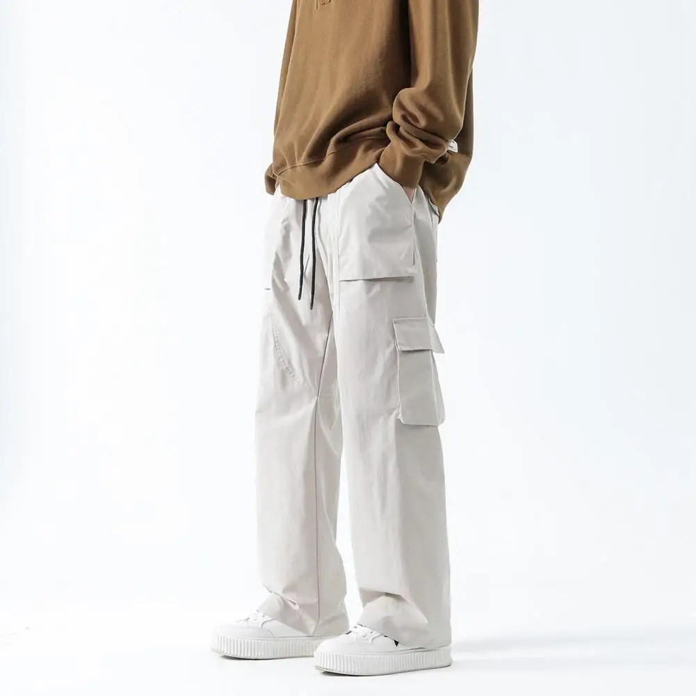 

Straight-cut Pants Elastic Drawstring Waist Trousers Men's Elastic Drawstring Cargo Pants with Pockets Solid for Streetwear