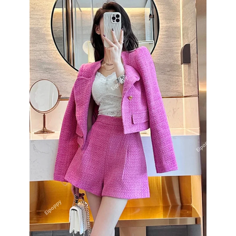 

Autumn Winter New Shorts Suit Women Elegant Long Sleeve Tweed Section Suit Jacket + High Waist Shorts 2 Pcs Set Matching Sets