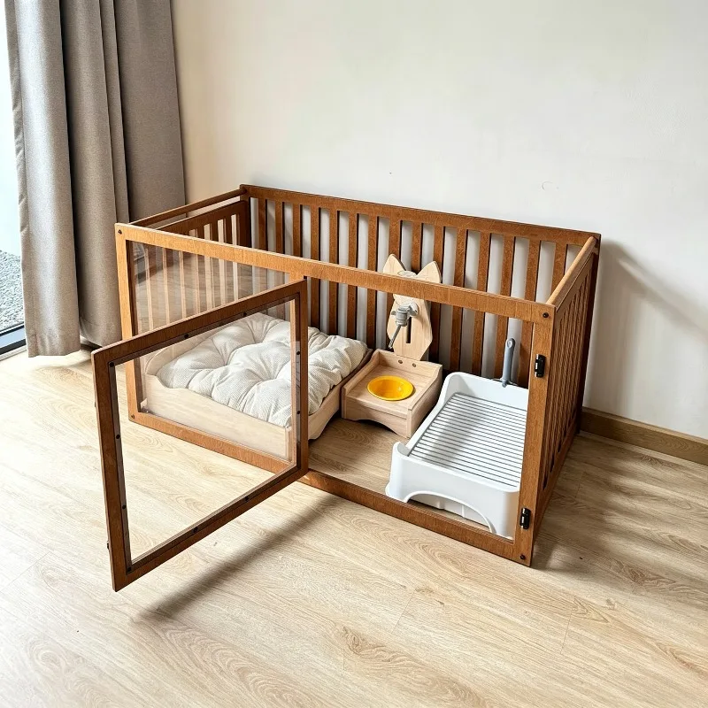 Solid Wood Pet Fence Indoor Large Dogs Enclosure Multifunction Transparent Cat Dog Playpen Openable Door Puppy Pets Wooden Cage