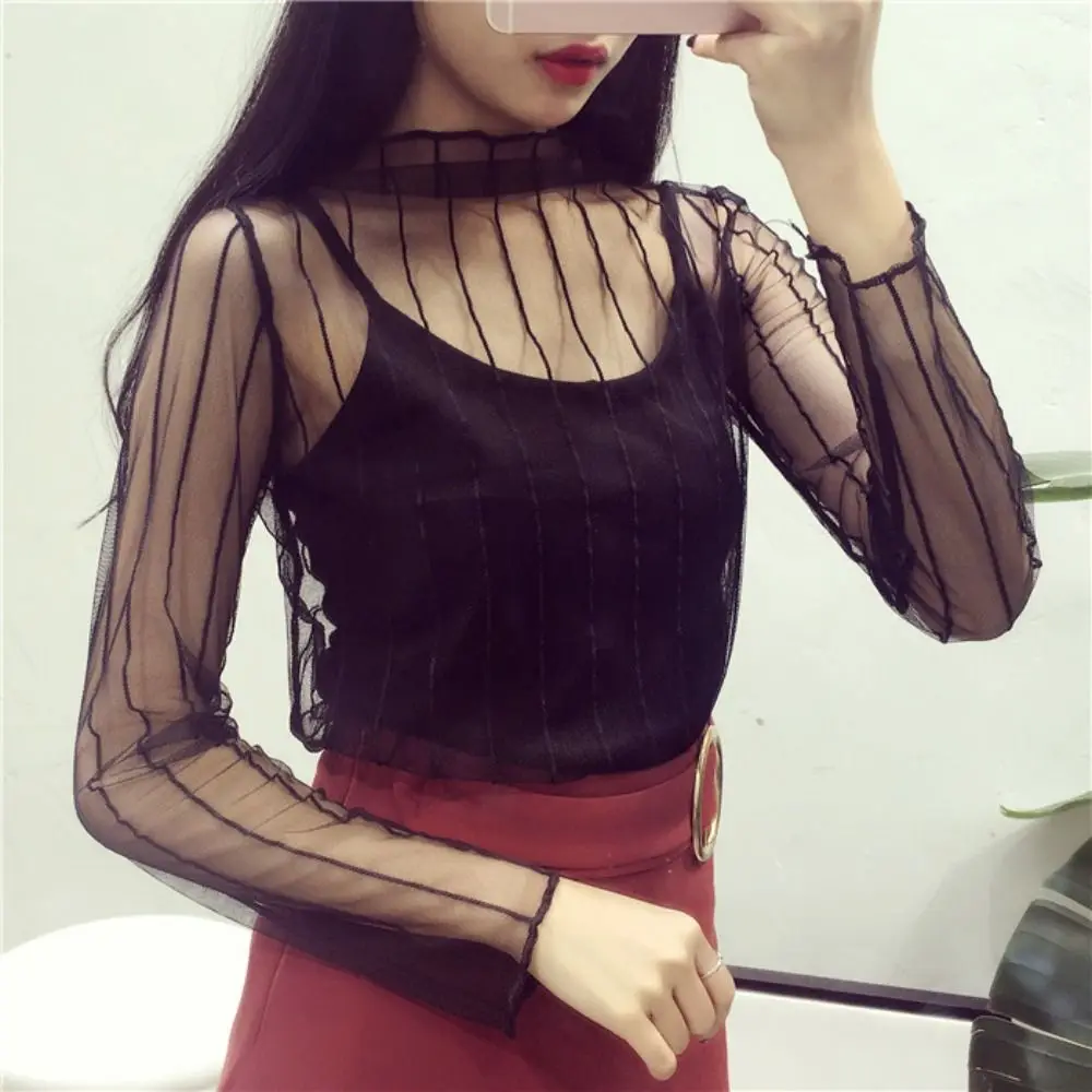 

Casual Top See-Through Lace T Shirt Long Sleeve Turtleneck Mesh Ladies Tops Floral Mesh Fishnet Transparent T-shirt Undershirt
