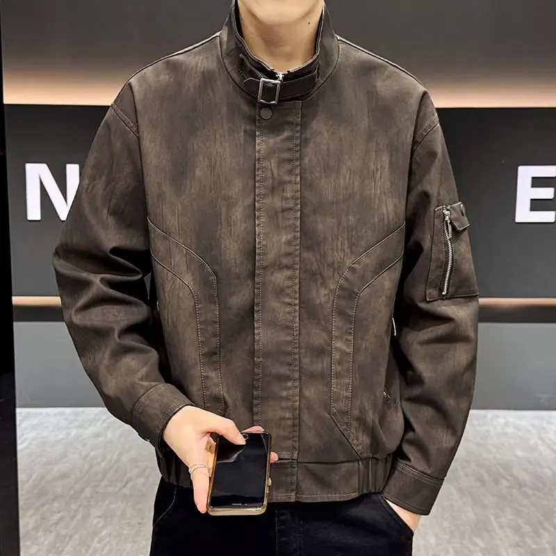 الأصلي صافي الصورة PU957 القهوة بلا جايت فضفاضة تناسب سستة مزين الحديد خالية البوليستر ملابس خارجية غير رسمية للمراهقين